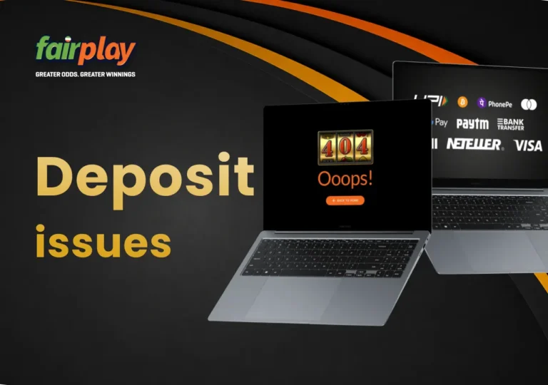 Two laptops with a FairPlay payment error on one screen and deposit options on the other.